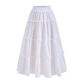 winkbay Women's Summer Tiered Ruffle Maxi Skirt High Waisted Flowy Boho Vacation Skirts White Large