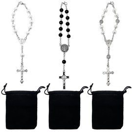 Bofanze 3 Stück Kurzer Auto Rosenkranz Kreuz Rückspiegel-Anhänger Auto Rosenkranz für Rückspiegel Kreuz-Autospiegel Hängende Zubehör mit Kreuz Anhänger für Autospiegel, Urlaubsgeschenke (Länge 18 cm)