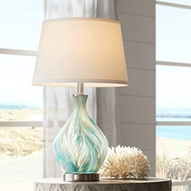 Cirrus Modern Contemporary Style Accent Table Lamp Blue Gray Glazed Art Glass Off White Drum Shade Decor for Living Room Bedroom House Bedside Nightstand Home Office Family - 360 Lighting