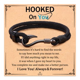KOXMOON Fish Hook Bracelet Gifts for Men, Fishing Accessories Hooked on You Jewelry Cool Gifts for Husband, Fishing Gifts for Men Christmas Anniversary Valentines Day Gifts for Him