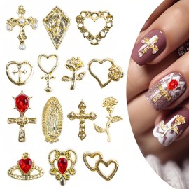 140 Pcs BMYUK Charms Gold 3D Nail Gems Heart Rhinestones Crosses Roses And Women DIY Hand Beauty Creative Nail Designs 14 Styles
