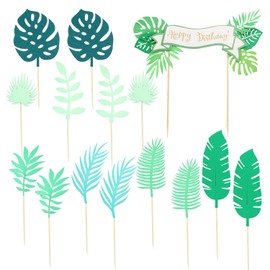 QFEHTHSK 14 Stück Tropische Blätter-Einsätze, 1 Stück Happy Birthday-Banner-Einsatz, Geburtstagskuchen-Dekorationen, Tropische Party-Dekorationen, Cupcake-Palmblatt-Einsätze