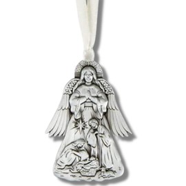 Religious Gifts Christmas Ornament, Silver Tone Guardian Angel Tree Ornaments with Holy Family Nativity Scene, 3 Inches