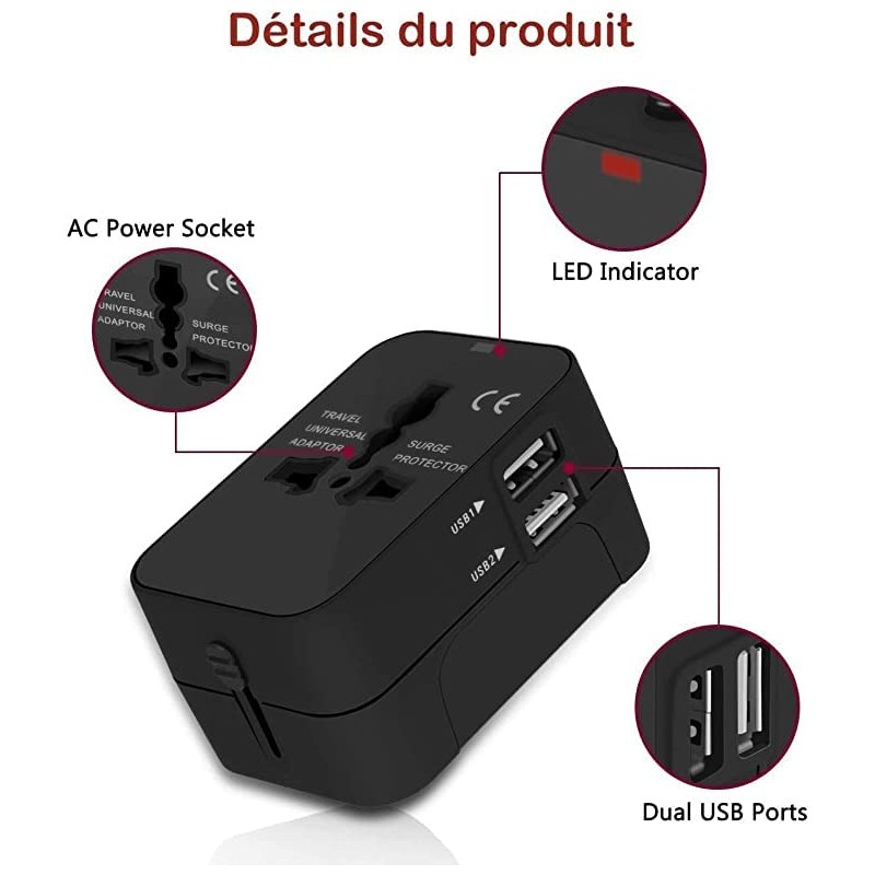Universal Travel Socket International Adapter with Two USB Ports for