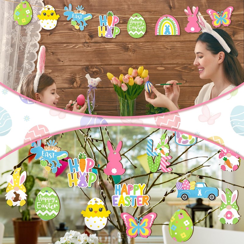 GlikCeil 40 Pcs Easter Wooden Hanging Ornaments Wood Easter Tree