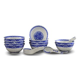 10 Pcs Fine Porcelain Blue and White Rice Pattern Bowls, Cereal Bowls, Rice Bowls with Free 10 Porcelain Spoons Jingdezhen China