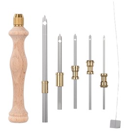 7 Pieces Punch Needle Kit, Wooden Punch Needle 1.6mm/2mm/2.5mm/3.5mm/5mm Metal Embroidery Punch Needles Tool Adjustable Punch Stitching Kit with Threader for Embroidery Floss Cross DIY Craft Stitching