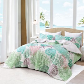 Tritard Coastal Comforter Set Full Size 3 Piece, Soft Beach Themed Comforter, Ocean Nautical Lightweight Bedding Sets for All Seasons, (1 Reversible Comforter and 2 Pillow Shams), 80''x90'', C5