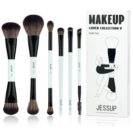 Jessup Set Brochas de Maquillaje 6pcs Brochas de Doble Punta para Rostro y Ojos Pincele Maquillaje Base,Sombra de Ojos,Contorno,Rubor,Iluminador, Difuminado,Cepillo de Cejas, Cian Brillante T501