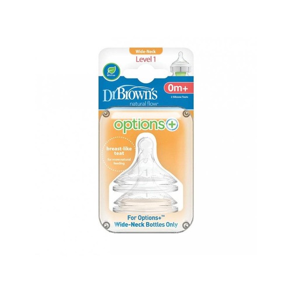 DR. BROWN'S NATURAL FLOW OPTIONS+ SILICONE NIPPLES FOR WIDE NECK BOTTLES 0m+ 2s