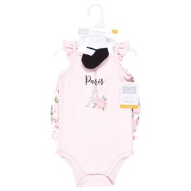 Hudson Baby Infant Girls Bodysuit, Short and Sock, Bonjour Paris, 9-12 Months