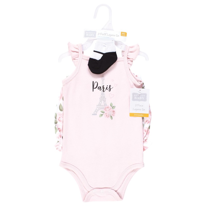 Hudson Baby Infant Girls Bodysuit, Short and Sock, Bonjour Paris,