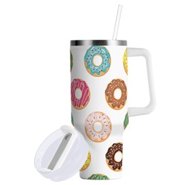 pnyoin 40 oz Tumbler with Straw Lid and Handle, Insulated Tumblers Stainless Steel Car Handle Water Mug for Home Office Car Travel(White Donut)
