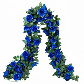 2 Pack (16FT) Artificial Rose Vine Fake Flowers Garland Hanging Silk Rose Ivy Plants Vine for Wedding Arch Party Garden Home Bedroom Office Wall Aesthetic Art Décor (Royal Blue)