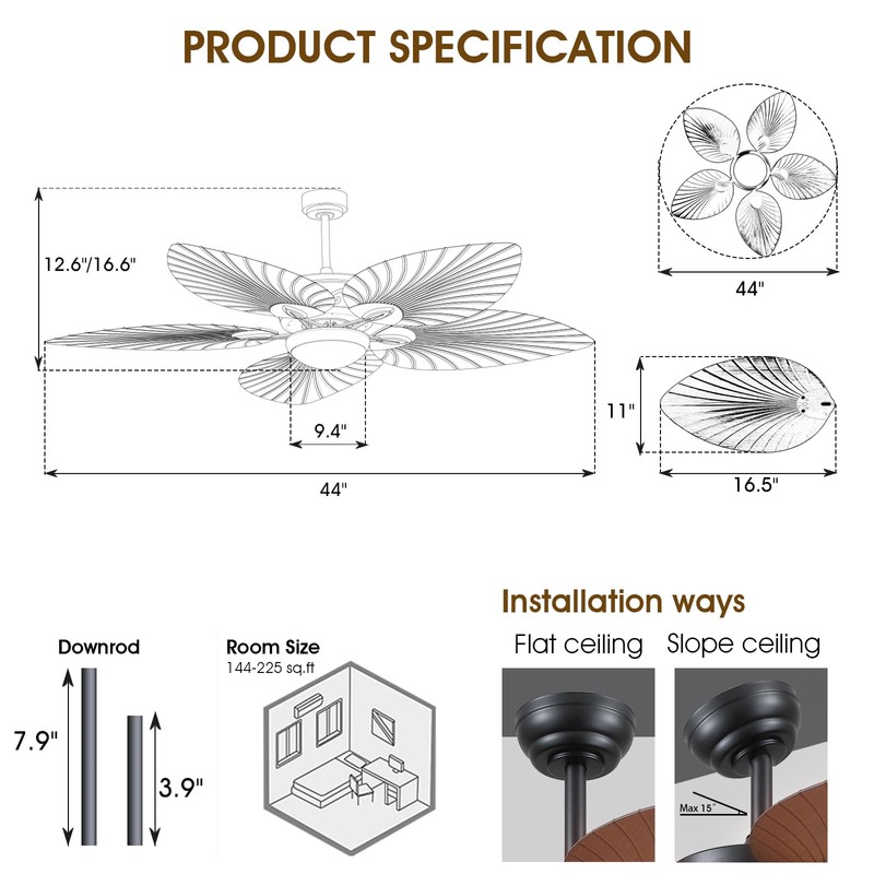 Tropical Ceiling Fans with Lights, 44 Inch Palm Leaf Outdoor