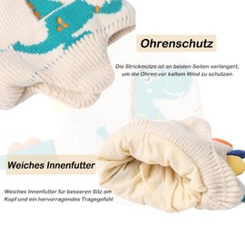 Landofgenie Knitted Beanie for Men & Women, Warm Winter Hat, Stretchy Unisex Thermal Hat with Dino Design, White, Unit size