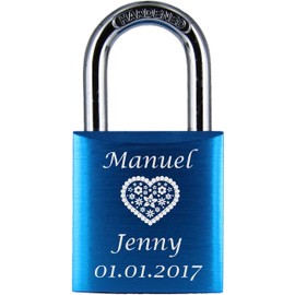 ♥ Love Goals Engraved Love Padlock with Engraving | Individual | Ideal Gift for Lovers & Couples | High-Quality Gift Box Lock with 2 Keys | Anodised | M006 | Colour, blue