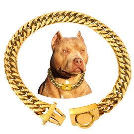 BAOBOTE Gold Chain Dog Collar, 16MM Cuban Link Collar with Secure Snap Buckle, Chew Proof for Dogs (26" Gold)