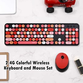 2.4G Full-Size Wireless Keyboard and Mouse Combo, Multi-Color Typewriter Style Round Keycap, Cute Candy Colors, Compatible with Notebook, PC (104 Keys,Red)
