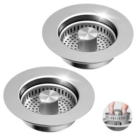 3 in 1 Kitchen Sink Drain Strainer & Sink Stopper, 304 Stainless Steel Pop Up Sink Drain Stopper with Anti-Clogging Basket for US Standard (Silver - 2 Pack)
