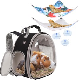 Guinea Pig Carrier with Hammock Set,Guinea Pig Carrier for 2,Reptile Travel Carrier for Lizards Sugar Glider Hedgehog Rat Parrot Birds (Black-YLR Floral, Backpack+Triangle HMK)