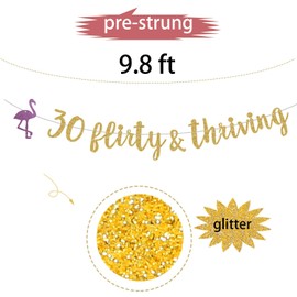 ZOZZEIBE 30 Flirty & Thriving Banner Gold Glitter, Happy 30th Birthday Party Decorations, 30th Anniversary Banner, Cheers to 30 Years Party Decoration Pre-Strung
