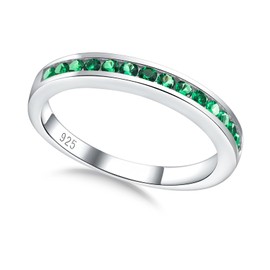 AGRULE Channel Set Wedding Band 2.4mm Wide Sterling Silver White Gold Plated 0.4 Cttw Half Eternity Band Rings for Women Emerald Birthstone Ring, Size 6