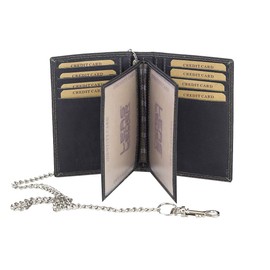 ID Card Holder and Credit Card Holder with chrome chain Biker card and ID holder vertical format Vintage-Style LEAS MCL, Genuine Leather, black - ''LEAS Chain-Series''