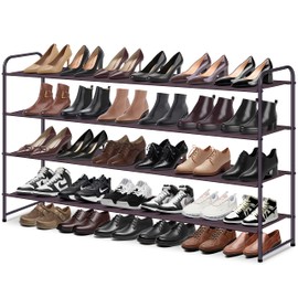 MISSLO 4 Tier Long Shoe Organizer for Closet Shoe Rack for Bedroom Closet Floor Shoe Shelf for Entryway Storage Stackable Wide Shoe Shelf Stores 30 Pairs of Men Sneakers, Brown