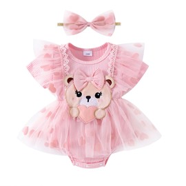 FOCICI Baby Girl Clothes 6-9 Months Infant Bear Love Lace Ruffled Short Sleeve Romper Heart Tutu Tulle Skirt + Cute Bow Headband Summer Outfits Pink 6-9 Months