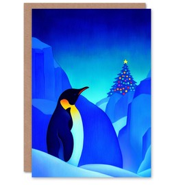 Wee Blue Coo Greeting Card Antarctica Winter Decorated Tree Emperor Penguin Blank For Him Or Her Art Xmas Christmas Card