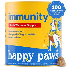 Happy Paws Immunity Daily Wellness Support for Dogs, Organic, Non GMO, Vegan Soft Chews with Turkey Tail, Reishi, Maitake, Astragalus, Turmeric, Vitamin C & Colostrum, Natural Pumpkin Flavor, 100 Ct