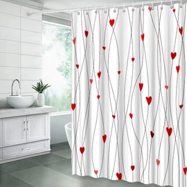 GCTNBJL Valentine's Day Shower Curtain Red Heart Geometric Striped Sweet Love Romantic Couple Women Bathroom Home Curtain with Hooks,Red Black