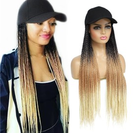 Yunkang Braided Baseball Cap Wig Faux Locs Hair Extensions with Hat Ombre Color Synthetic Hair Cap Wig with 18inch Long Braiding Hair Attached for Women (BL-1B 27)