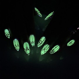 Noctilucent Press on Nails Goth Fake Nails Medium Almond Glue on Nails Blackstripe Stick on Nails Full Cover Acrylic False Nails Glossy Artificial Nails Shine in the Dark Night Nails for Women Girls