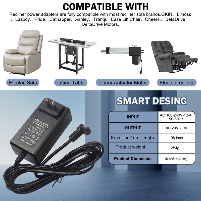 kzfuli Recliner Power Supply, AC/DC Power Adapter 2-pin 29V 2A