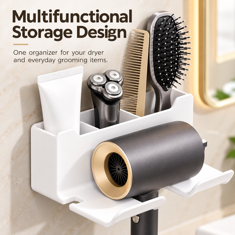 Wall-Mounted Hair Dryer Holder for Bathroom Organization – No-Drill Plastic