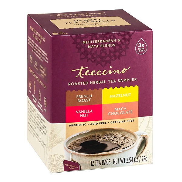 Teeccino Chicory Roasted Herbal Tea Sampler Pack (French Roast, Hazelnut, Vanilla Nut and Chocolaté), Caffeine Free, 12 Tea Bags (Pack of 2)