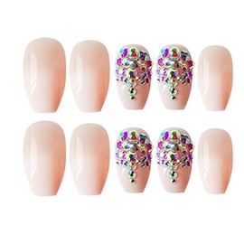 Bufenia French Coffin False Nails Flash Gradient Nude Pink Press On Nails Glitter Ballerina Artificial Nails Shiny Acrylic Nails for Women and Girls 24 Pieces (Rhinestones)