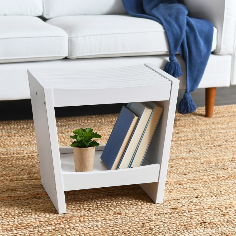 Creative Co-Op Modern Slatted Solid Wood Stool With Storage Shelf,