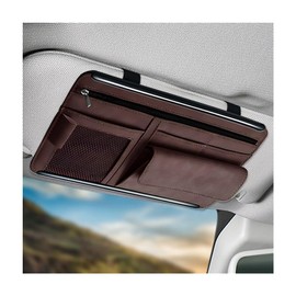 NYTKL Car Sun Visor Organizer, Soft Leather Auto Sunshade Glasses Storage Bag with Multi-Pocket Net Zipper, Scratch-Resistant Vehicle Visor Pocket Eyeglasses Case Note Holder (Brown)
