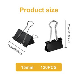 FUNCYboo 120 Pcs Small Black Stainless Steel Binder Clips (0.59 inch)