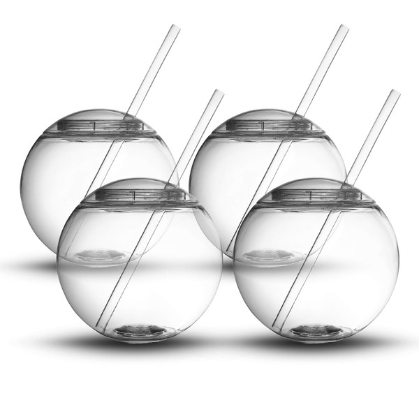 Fishbowl / Sphere Shaped Reusable Drinking Party Cups, 4-Pack (22 oz) - Fun, Unique Design Sits Flat, 4 Straws Included - Great for Kids, Parties and Outdoor Use - Durable Plastic