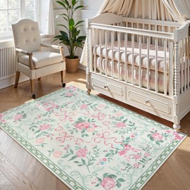 Collive 3x5 Nursery Rug, Boho Green Floral Area Rugs Machine Washable, Soft Ultra-Thin Bow Carpet Non Slip for Girls Room Bedroom Entryway Playroom Living Room (Green, 3' X 5')