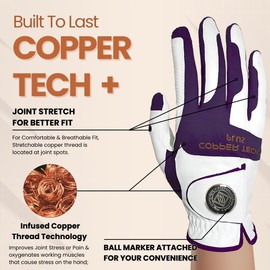 Copper Tech Women's Golf Gloves with Ball Marker - Ladies Golf Gloves with 100% AAA Synthetic Leather - Wrist Support & Breathability - Golf Gloves Left Handed Golfer (Hand Orientation: Right)