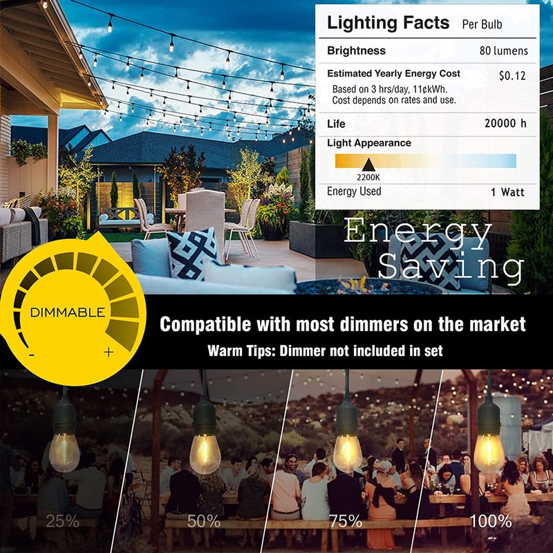 Achin Outdoor String Lights 48FT Dimmable Warm 2200K LED Patio