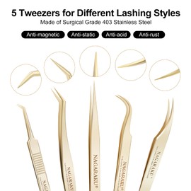 NAGARAKU 5 PCS Tweezers for Eyelash Extensions Straight and Curved Precision Professional Volume Easy Fanning lash Precise Point with Storage Case Bag