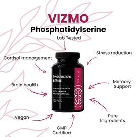 Vizmo Phosphatidylserin C 120 Hochdosierte Vegane Kapseln f1r Ged?chtnis, Konzentration, Stressreduktion, Fokus, Kognitive Leistung, Gehirngesundheit & Mentale Klarheit C Non-GMO, Glutenfrei, Laborgepr1ft