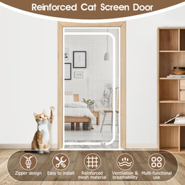 Reinforced Cat Screen Door, 31"X83" Multifunctional Use Breathable Pets Proof Screen Door with Bilateral Zipper for Balcony, Prevent Dogs Cats Running Out from Home, Bedroom, Living Room (White)