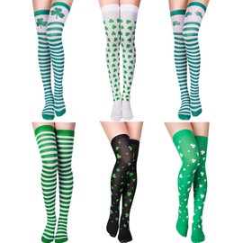 Zhanmai 6 Pairs St. Patrick Day over the Knee Long Socks Knitted Shamrock Knee Thigh High Stocking for Irish Party Outfit Women Costume